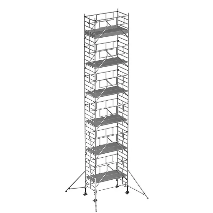 Zarges Rollgerüst Fahrgerüst MultiTower S-PLUS 2T mit Auslegern, doppelte Plattformbreite 2, - Arbeitshöhe: 13.200 m - Hoher, mehrstöckiger Aluminium-Gerüstturm mit Plattformen, Diagonalstreben und Auslegern auf Rollen für Stabilität.