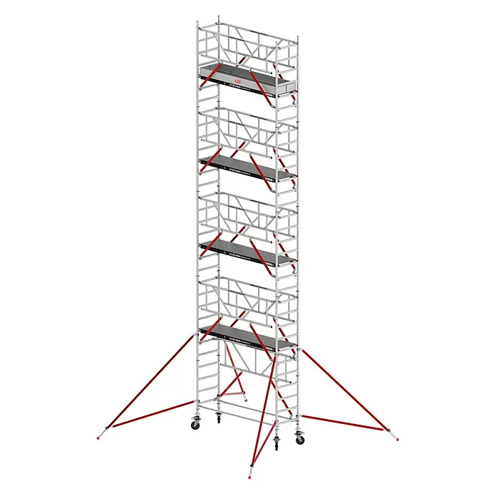 Altrex Rollgerüst Fahrgerüst RS Tower 51-S Safe-Quick Aluminium mit Fiber-Deck Plattform 10, - Arbeitshöhe: 10.200 m - Mobiles Aluminium-Rollgerüst mit mehreren Plattformen, roten Diagonalstreben und Auslegern für Stabilität, mit Rädern ausgestattet.