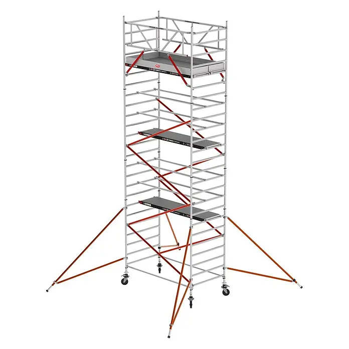 Altrex Rollgerüst Fahrgerüst RS Tower 52 Aluminium mit Holz-Plattform 8,20m AH 1,35x1,85m - Arbeitshöhe: 8.200 m - Hoher, mobiler Aluminium-Gerüstturm mit roten Diagonalstreben, mehreren Arbeitsplattformen und orangefarbenen Auslegern mit Rollen.