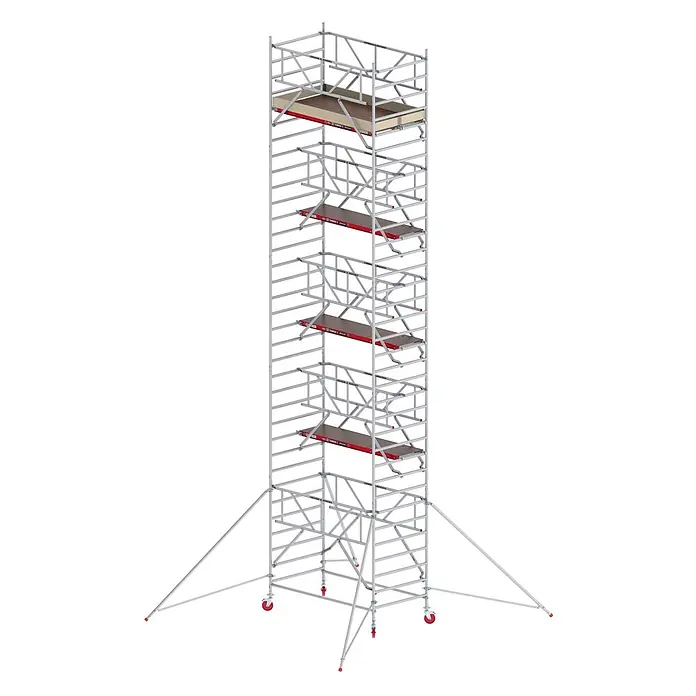Altrex Rollgerüst Fahrgerüst RS Tower 42-S Aluminium Safe-Quick mit Holz-Plattform 9,20m AH - Arbeitshöhe: 9.200 m - Hohes, silbergraues Fahrgerüst mit braunen Plattformen und roten Akzenten, mit Auslegern und roten Rollen für Stabilität und Mobilität.