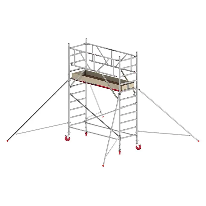 Altrex Fahrgerüst RS Tower 41 PLUS Aluminium ohne Safe-Quick® mit Holz-Plattform 4,20m AH breit 0,90x2,45m -  - Mobiles Gerüst aus silbernem Aluminium mit Holzplattform, roten Rädern und Auslegerstützen.