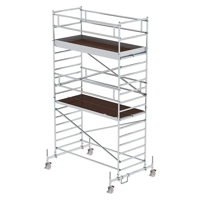 Munk Rollgerüst Rollgerüst mit Doppelplattform 1,35x3,00m Plattform, 6,35m AH - Arbeitshöhe: 6.350 m - Mobiles Aluminiumgerüst mit zwei dunkelbraunen Arbeitsplattformen und vier feststellbaren Lenkrollen.