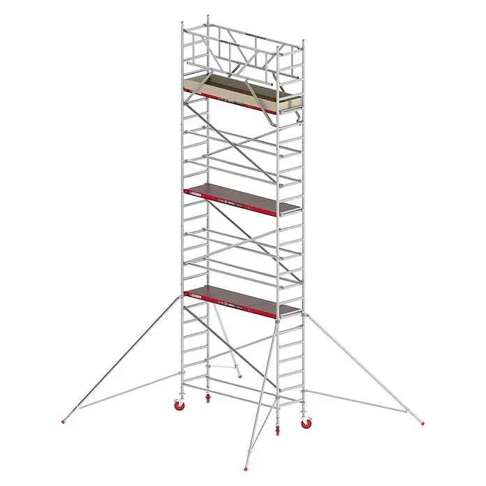 Altrex Rollgerüst Fahrgerüst RS Tower 41 Alu mit Holz-Plattform 8,20m AH breit 0,75x1,85m - Arbeitshöhe: 8.200 m - Mobiles Gerüst aus silbernem Aluminium mit mehreren Holzplattformen, roten Akzenten, Rädern und Auslegern.