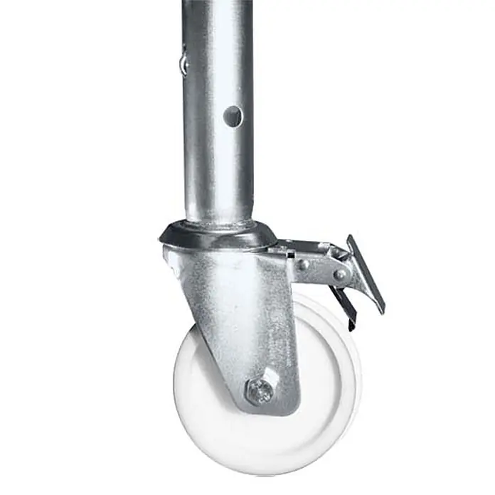 Zarges Rollgerüst Klappgerüst S-PLUS 1T 6,55m AH - Arbeitshöhe: 6.550 m - Gerüstlenkrolle aus verzinktem Metall mit weißem Rad, an Metallstange befestigt, mit fußbetätigter Feststellbremse.