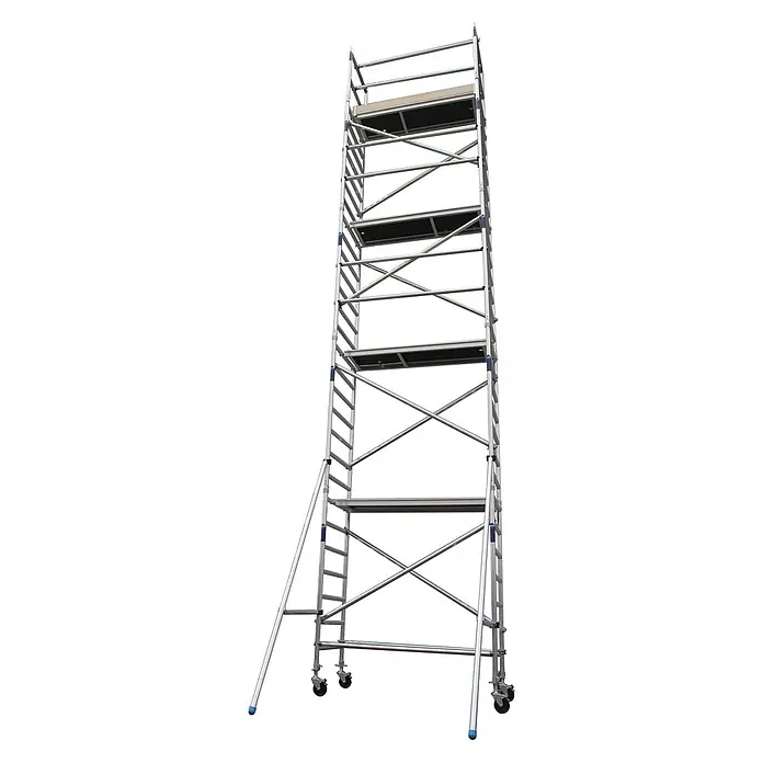 ASC Rollgerüst Rollgerüst Basic-Line 10,30m AH (DIN EN 1004:2004) - Arbeitshöhe: 10.300 m - Hohes, silbernes mobiles Gerüst aus Aluminium mit mehreren Plattformen und Rollen.