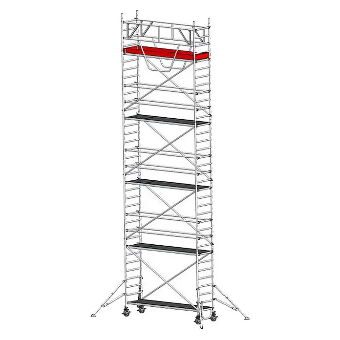 Euroline Rollgerüst Gerüst 9516 mit Sicherheitsaufbau und Auslegern 10,35m AH - Arbeitshöhe: 10.350 m - Hoher, mobiler Gerüstturm aus silbernem Metall mit schwarzen und roten Plattformen, Rädern und Auslegern.
