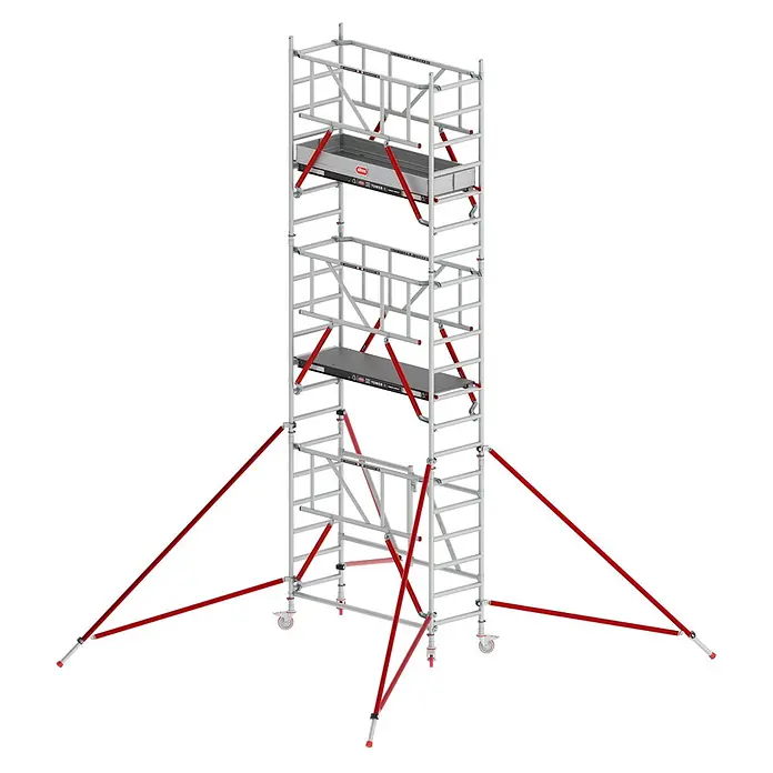 Altrex Rollgerüst Klappgerüst RS Tower 54 Aluminium Fiber-Deck Plattform 0,75x1,85m mit Safe - Arbeitshöhe: 6.800 m - Fahrbares Aluminium-Rollgerüst in Silber mit roten Diagonalstreben, zwei Plattformen und Auslegern.