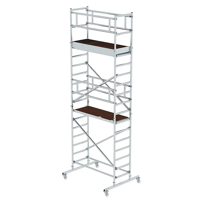 Munk Rollgerüst Aluminium Standard Rollgerüst 6,20m AH (DIN EN 1004:2005) - Arbeitshöhe: 6.200 m - Fahrbares Aluminiumgerüst mit zwei braunen Holzplattformen und Lenkrollen zur einfachen Verschiebung.