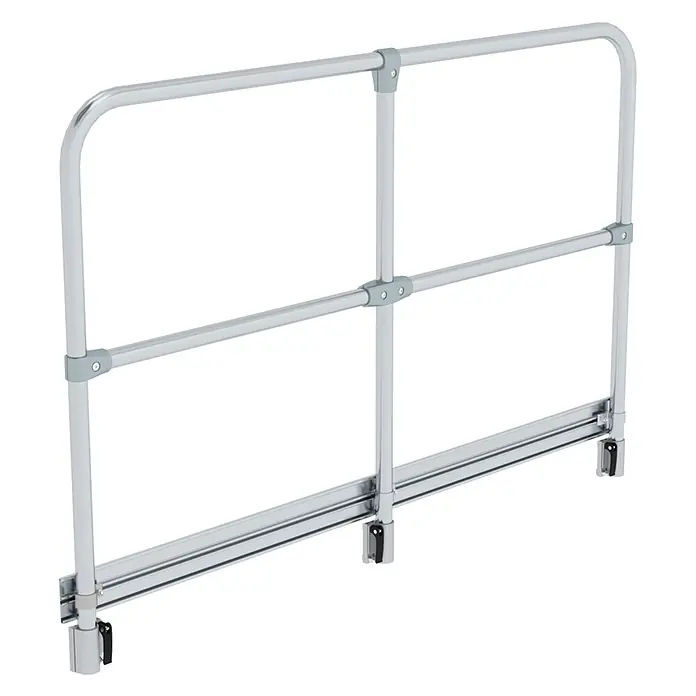 Munk Rollgerüst Geländer steckbar 1860mm Plattformlänge -  - Silbernes Metall-Sicherheitsgeländer mit grauen Verbindern und unterer Befestigungsschiene.