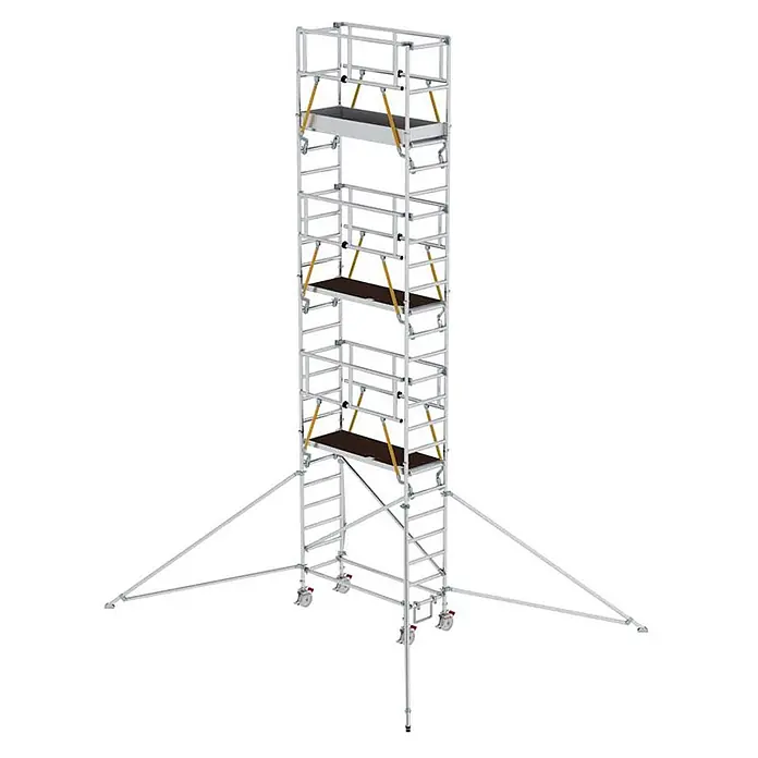 Munk Rollgerüst Rollgerüst SG mit Ausleger 0,75x1,80m Plattform 8,43m AH - Arbeitshöhe: 8.430 m - Hohes, mobiles Gerüst aus Aluminium mit mehreren Plattformen, Rollen und Auslegern für Stabilität.