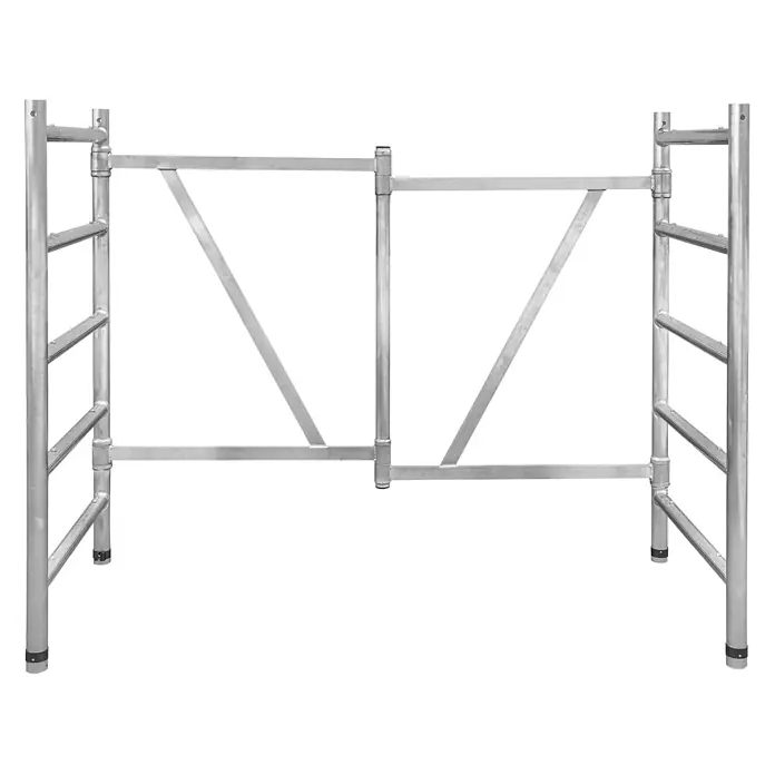 Iller Leiter Rollgerüst Klapprahmeneinheit 1,56x0,75 m -  - Silberner Aluminium-Gerüstrahmen mit vertikalen Pfosten, horizontalen Stangen und diagonalen Streben.