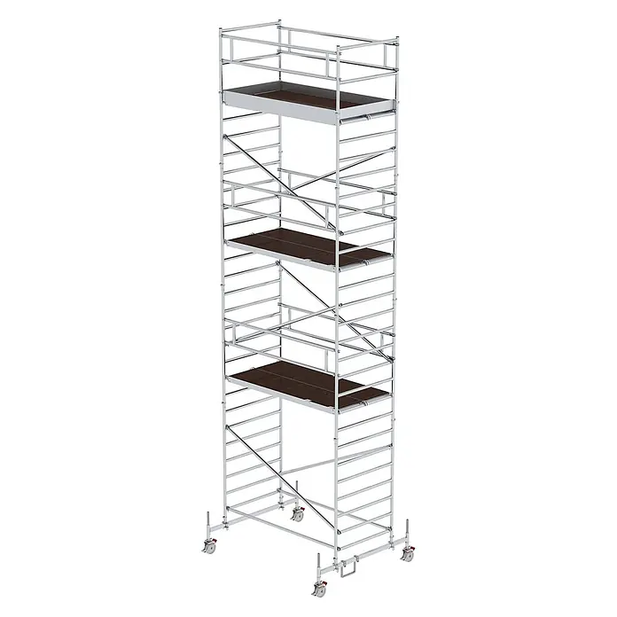Munk Rollgerüst Rollgerüst mit Doppelplattform 1,35x2,45m Plattform, 9,35m AH - Arbeitshöhe: 9.350 m - Mobiles Aluminium-Rollgerüst mit dunkelbraunen Arbeitsplattformen und feststellbaren Rollen.