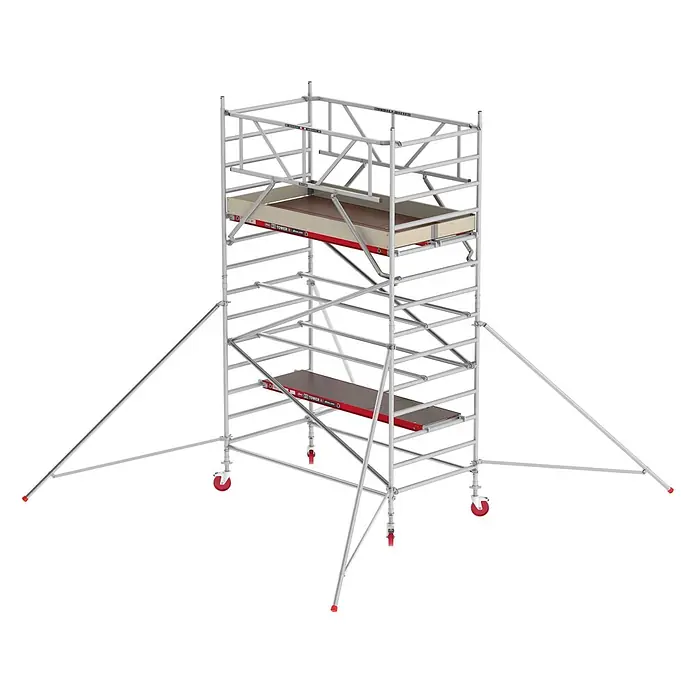 Altrex Rollgerüst Fahrgerüst RS Tower 42 Aluminium mit Holz-Plattform 5,20m AH 1,35x1,85m - Arbeitshöhe: 5.200 m - Silberfarbenes Aluminium-Rollgerüst mit zwei Plattformen, Sicherheitsgeländern, Stützenauslegern und roten Rollen.