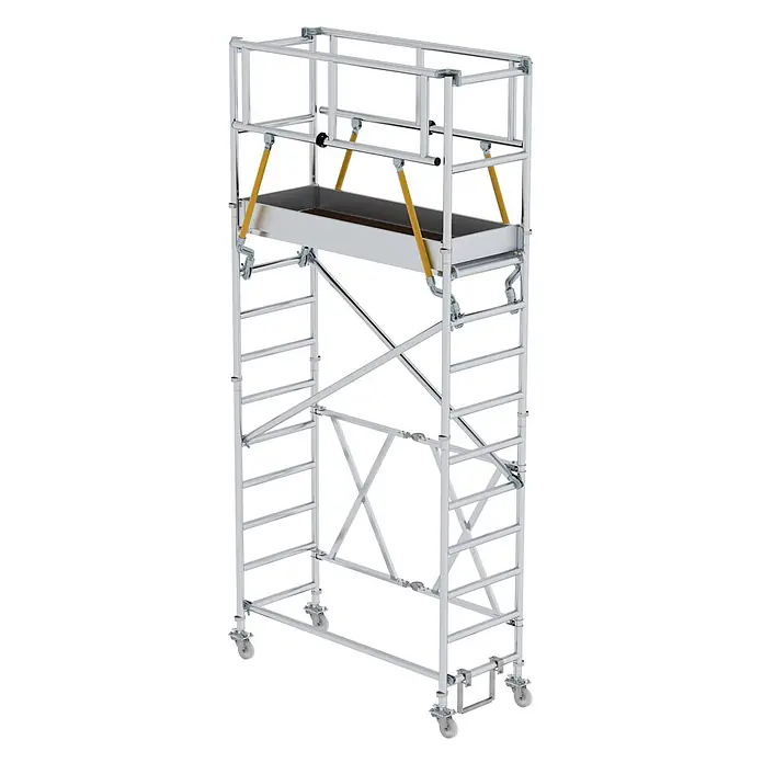 Munk Rollgerüst Klappgerüst SG 0,75x1,80m mit Sicherheitsgeländer 5,20m AH - Arbeitshöhe: 5.200 m - Silbernes mobiles Aluminium-Rollgerüst mit Arbeitsplattform und Sicherheitsgeländern.