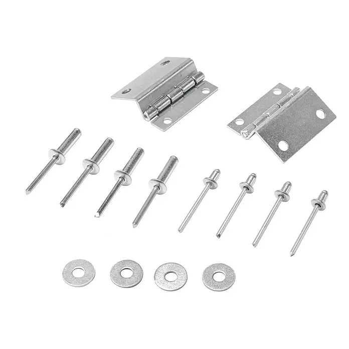 Hymer Rollgerüst Scharnierset für Gerüst-Durchstiegsklappen -  - Zwei silberne Metallscharniere, acht silberne Metallnieten und vier silberne Metallscheiben zur Befestigung.