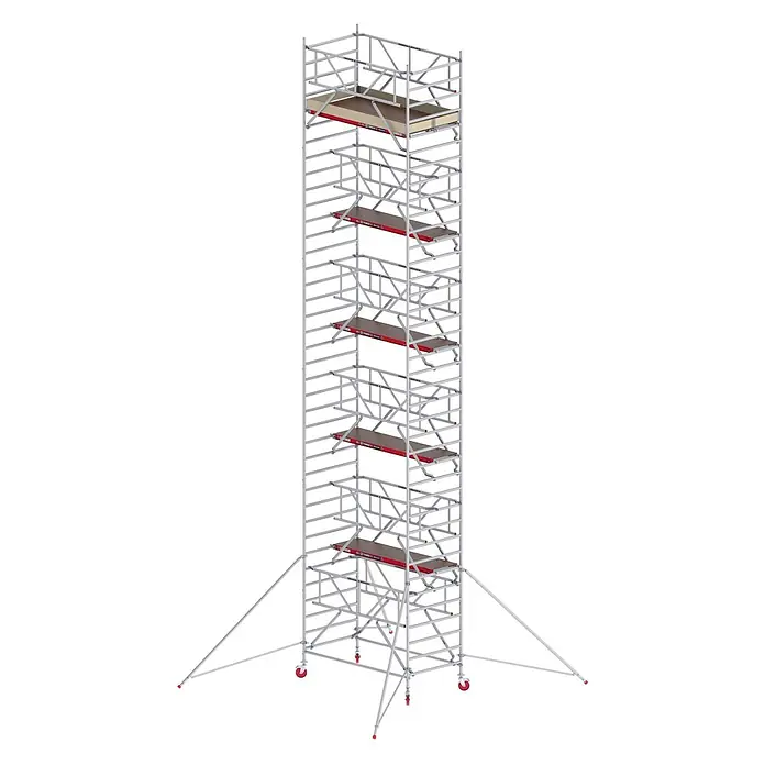 Altrex Rollgerüst Fahrgerüst RS Tower 42-S Aluminium Safe-Quick mit Holz-Plattform 12,20m AH - Arbeitshöhe: 12.200 m - Hoher fahrbarer Aluminium-Gerüstturm mit roten Plattformen, Rollen und Auslegern.
