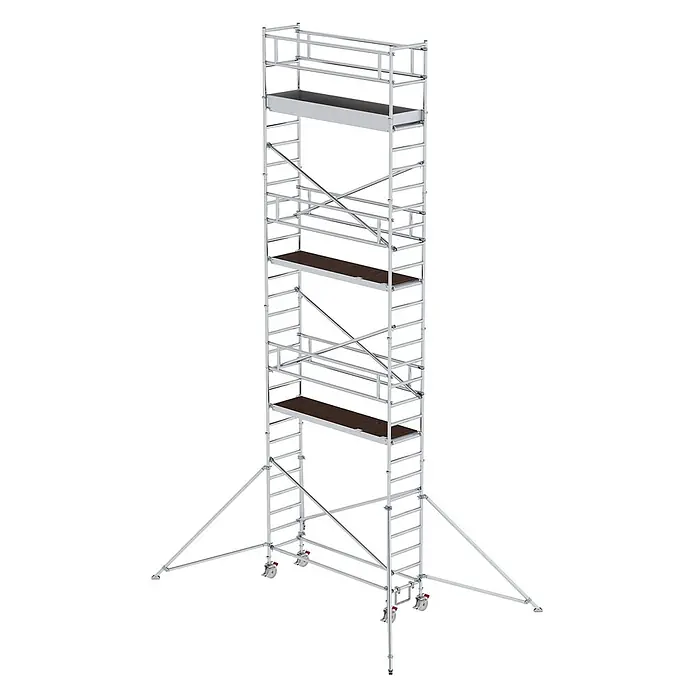 Munk Rollgerüst Aluminium-Rollgerüst mit Ausleger 2,45x0,75m Plattform 9,55m AH - Arbeitshöhe: 9.350 m - Silberfarbenes Rollgerüst mit dunkelbraunen Plattformen, Rollen und Auslegern für Stabilität.