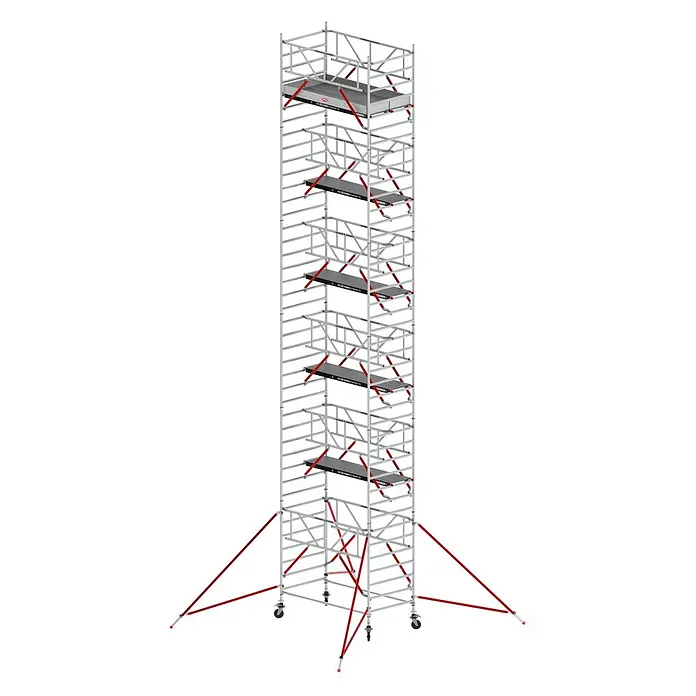 Altrex Rollgerüst Fahrgerüst RS Tower 52-S Aluminium mit Safe-Quick und Holz-Plattform 13,20 - Arbeitshöhe: 13.200 m - Hoher, silbergrauer Rollgerüstturm mit roten Diagonalstreben, mehreren Arbeitsbühnen und Auslegern für Stabilität.