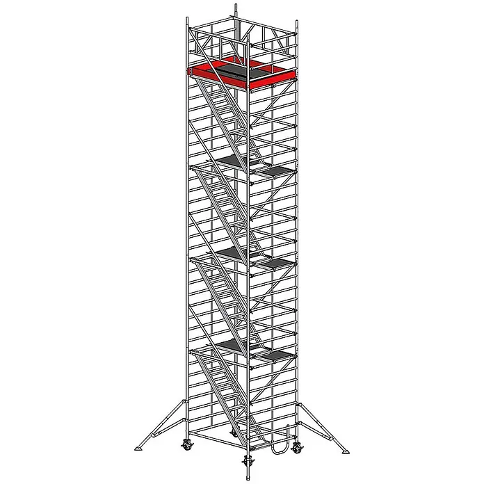 Euroline Rollgerüst Gerüst 9523 mit Auslegern 1,50x1,80m und Treppenaufgang 10,50m AH - Arbeitshöhe: 10.500 m - Hoher Aluminium-Rollgerüstturm mit Innenleitern, Plattformen, einer roten Oberplattform, Rollen und Auslegern.