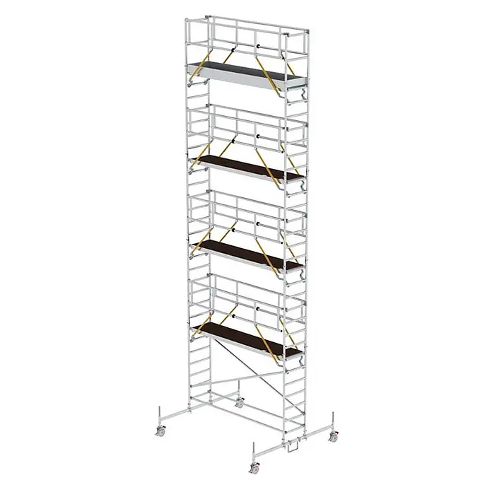 MUNK Rollgerüst SG 0,75x3,00m Plattform 11,70m AH -  - Mobiles Aluminium-Rollgerüst mit mehreren Plattformen, Geländern und stabilisierenden Auslegern mit Rädern.