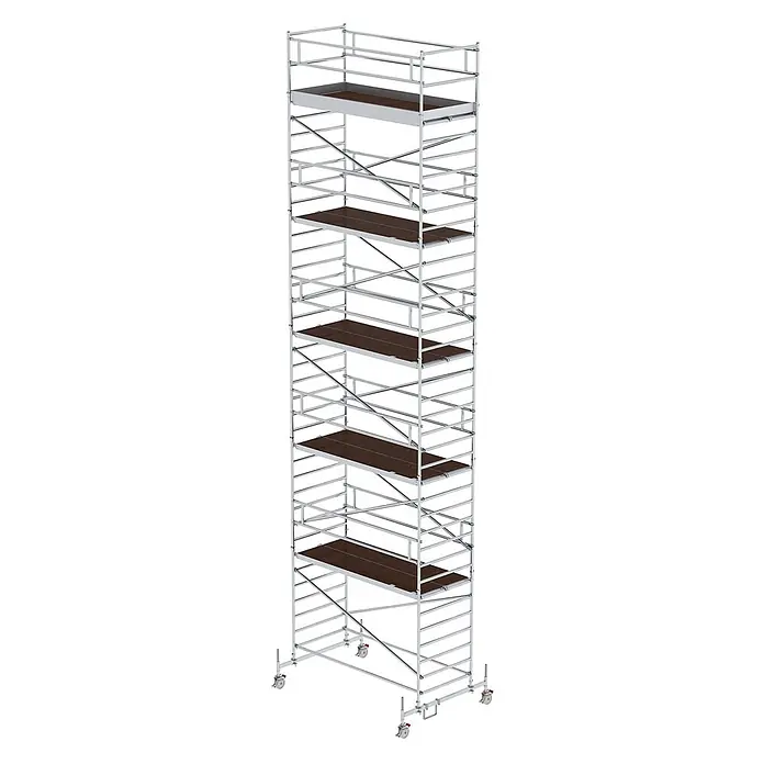 Munk Rollgerüst Rollgerüst mit Doppelplattform 1,35x3,00m Plattform, 12,35m AH - Arbeitshöhe: 12.350 m - Mobiler Aluminium-Gerüstturm mit mehreren dunklen Plattformen und feststellbaren Lenkrollen.