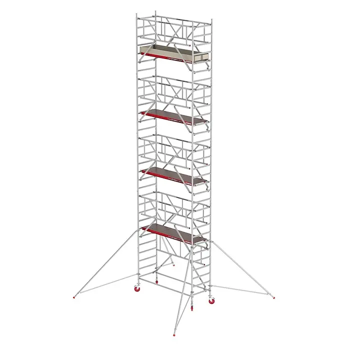 Altrex Rollgerüst Fahrgerüst RS Tower 41 PLUS Aluminium mit Safe-Quick® und Holz-Plattform - Arbeitshöhe: 10.200 m - Hoher, mehrstufiger Aluminium-Rollgerüstturm mit dunklen Plattformen, roten Akzenten und Auslegern auf Rollen für Stabilität.