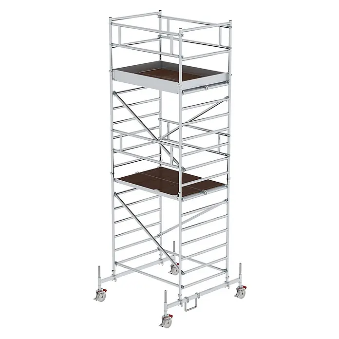 Munk Rollgerüst Rollgerüst mit Doppelplattform 1,35x1,80m Plattform, 6,35m AH - Arbeitshöhe: 6.350 m - Silberfarbenes Rollgerüst mit zwei dunkelbraunen Holzplattformen und feststellbaren Lenkrollen.