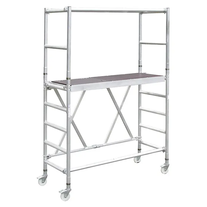 Iller Leiter Rollgerüst Professional Klappgerüst mit Ausbaueinheit 0,75x1,80 m | 3,50m AH - Arbeitshöhe: 3.500 m - Mobiles Aluminium-Rollgerüst mit dunkler Arbeitsplattform und Lenkrollen.