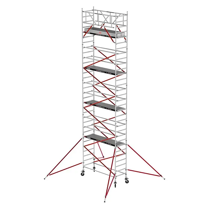 Altrex Rollgerüst Fahrgerüst RS Tower 51 Plus Aluminium 0,90m breiter Rahmen mit Holz-Plattf - Arbeitshöhe: 10.200 m - Hoher, silberner Alu-Rollgerüstturm mit roten Kreuzstreben, dunkelgrauen Plattformen und Rollen.