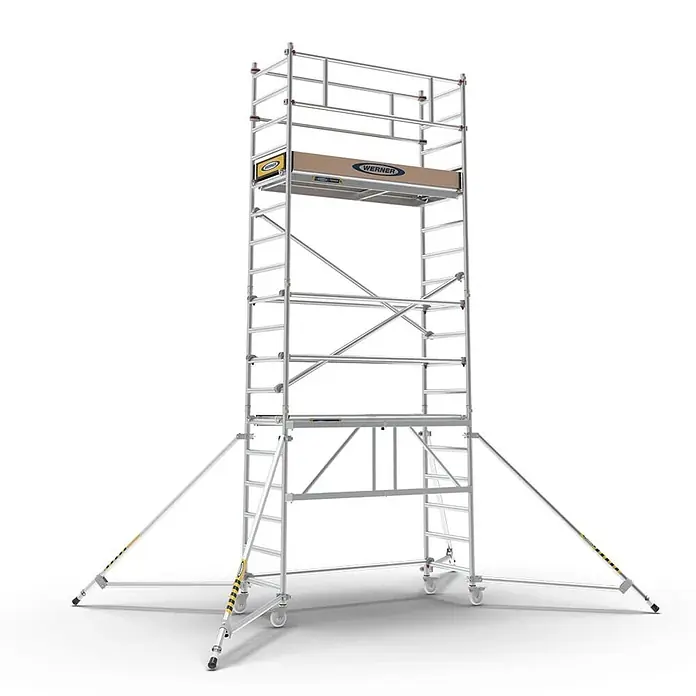 Werner Rollgerüst Klappgerüst Tower 3T nach DIN Norm EN 1004-1 AH 5,55m - Arbeitshöhe: 5.550 m, Belastbarkeit Plattform: 216 kg - Silbernes Aluminium-Rollgerüst mit Stabilisierungsstützen.