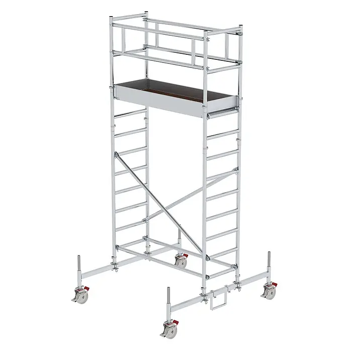 Munk Rollgerüst Rollgerüst mit Fahrbalken 0,75x1,80m Plattform 5,00m AH - Arbeitshöhe: 5.000 m - Mobiler Rollgerüstturm aus silbernem Metall mit Arbeitsplattform, Sicherheitsgeländern und Auslegern mit Rollen.