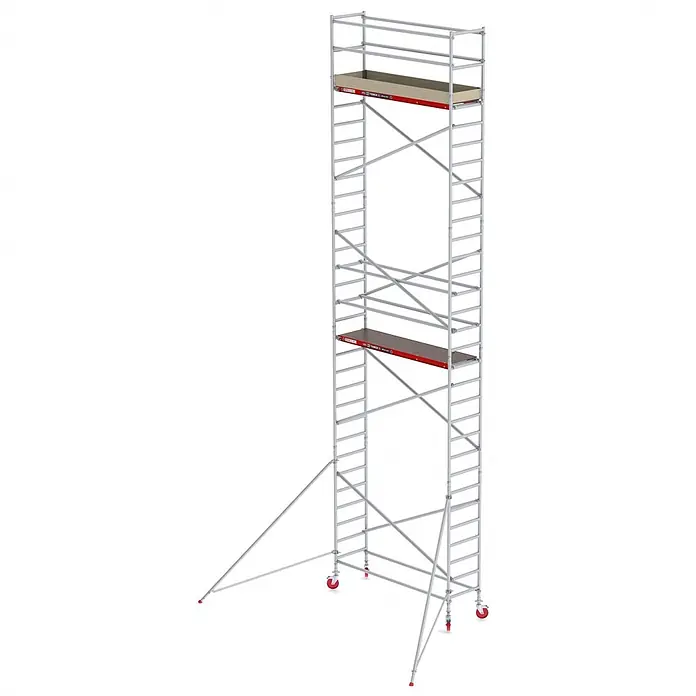 Altrex Rollgerüst Fahrgerüst RS Tower 41 PLUS Aluminium ohne Safe-Quick® mit Holz-Plattform - Arbeitshöhe: 10.200 m - Aluminium-Fahrgerüst mit zwei Holzplattformen, roten Lenkrollen und Auslegern.