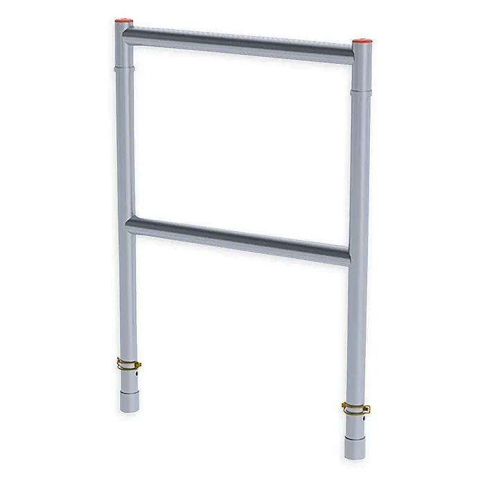 Altrex Rollgerüst Geländerrahmen RS TOWER 4 PLUS schmal 90 -  - Modulare silberne Metallschutzabsperrung mit orangen Kappen und goldenen Sicherungsstiften.