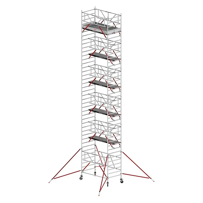 Altrex Rollgerüst RS Tower 55-S mit Safe-Quick® 12,8m Arbeitshöhe Holz-Plattform 1,85m - Arbeitshöhe: 12.800 m - Hohes, mobiles Aluminium-Rollgerüst mit dunklen Arbeitsplattformen und roten Stützen, auf Rollen und mit Auslegern.