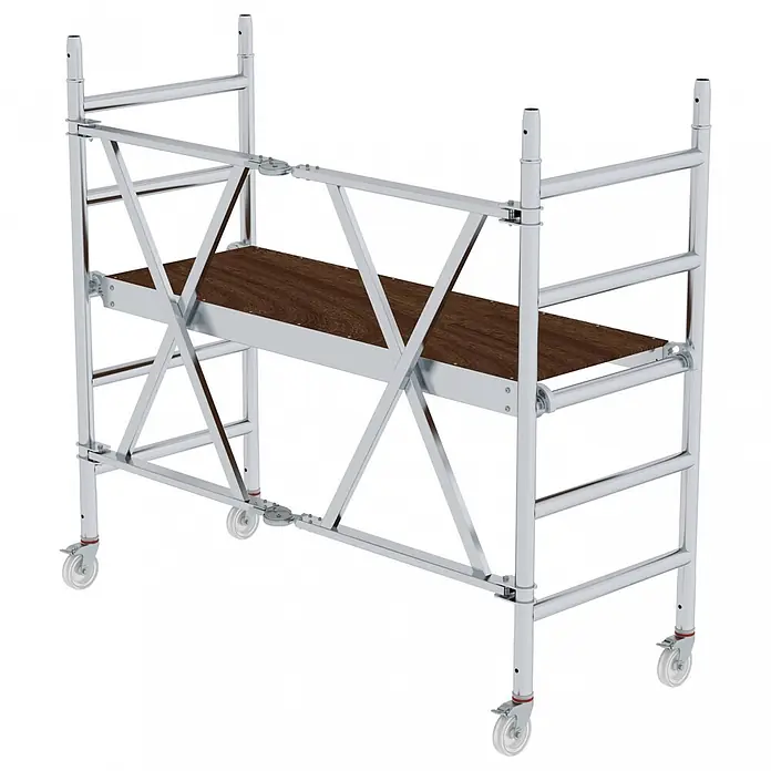 Munk Rollgerüst Klappgerüst, türengängig 75cm Breite 3,00m AH - Arbeitshöhe: 3.000 m - Mobiles Aluminium-Arbeitsgerüst in Silber mit brauner Holzplattform auf Rollen.