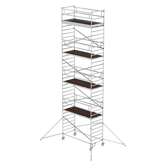 Munk Rollgerüst Rollgerüst mit Doppelplattform 1,35x3,00m Plattform, 11,35m AH - Arbeitshöhe: 11.350 m - Fahrbares Gerüst mit mehreren dunklen Plattformen und silbernem Metallrahmen, geeignet für Arbeiten in verschiedenen Höhen.