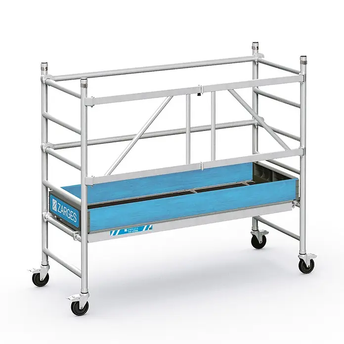 Zarges Rollgerüst Klappgerüst PaxTower S-Plus 1T Gruppe 1, 2,55m AH - Arbeitshöhe: 3.550 m - Mobiles Aluminium-Arbeitsgerüst mit blauer Plattform und Rollen.