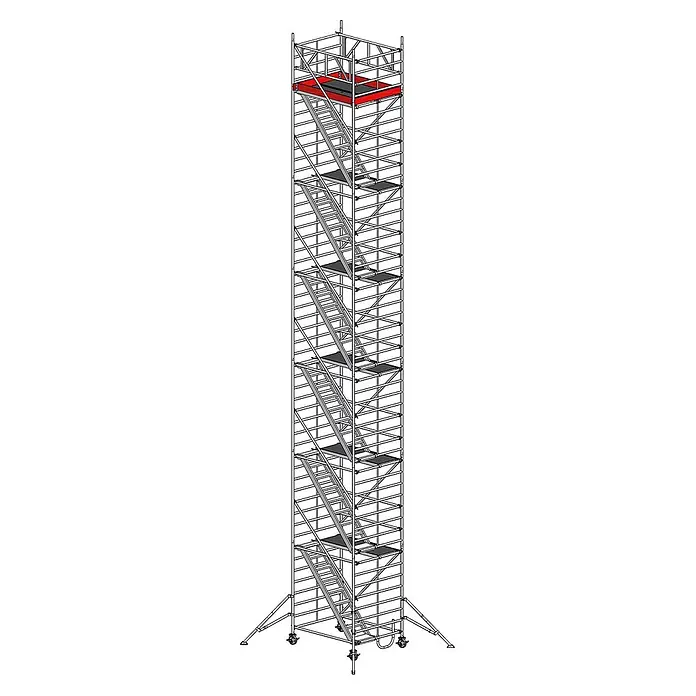 Euroline Rollgerüst Gerüst 9523 mit Auslegern 1,50x1,80m und Treppenaufgang 14,35m AH - Arbeitshöhe: 12.350 m - Hoher, modularer silberner Gerüstturm mit Innentreppen, mehreren Podesten (eins rot), Rollen und Stützfüßen für sicheren Höhenzugang.