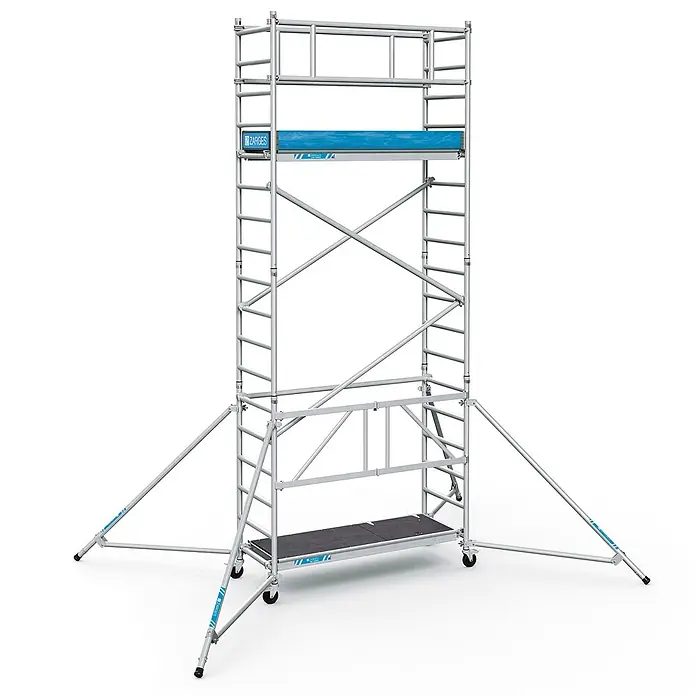 Zarges Rollgerüst Klappgerüst PaxTower 1T Gruppe 4, 5,55m AH - Arbeitshöhe: 5.550 m - Mobiles Aluminium-Rollgerüst mit blauen und schwarzen Plattformen, Rädern und stabilisierenden Auslegern.