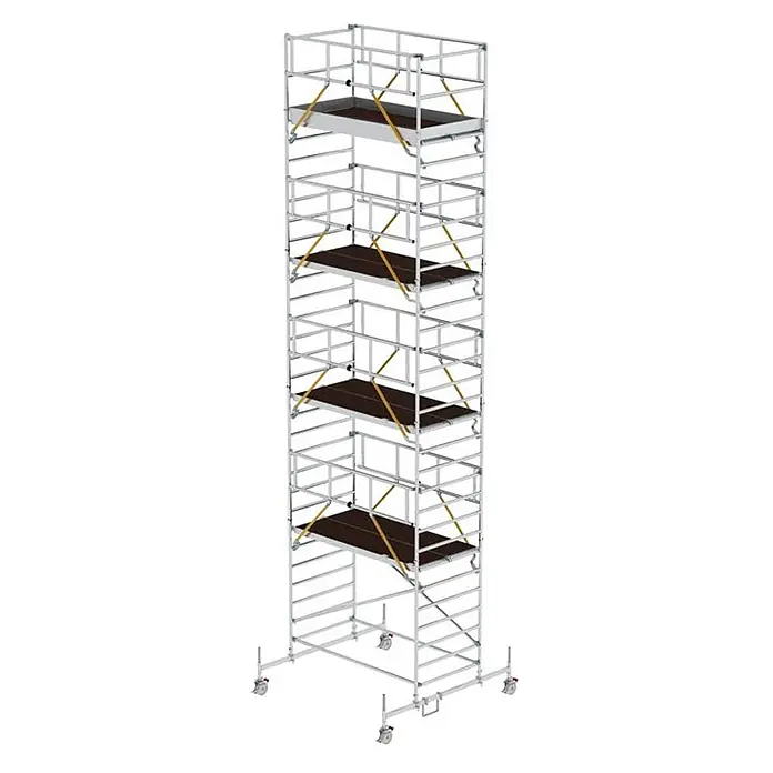 MUNK Rollgerüst SG mit Doppelplattform 1,35x2,45m Plattform 10,58m AH -  - Hoher, mobiler Gerüstturm aus silbernem Metall mit dunklen Plattformen und gelben Diagonalstreben, auf Rollen.