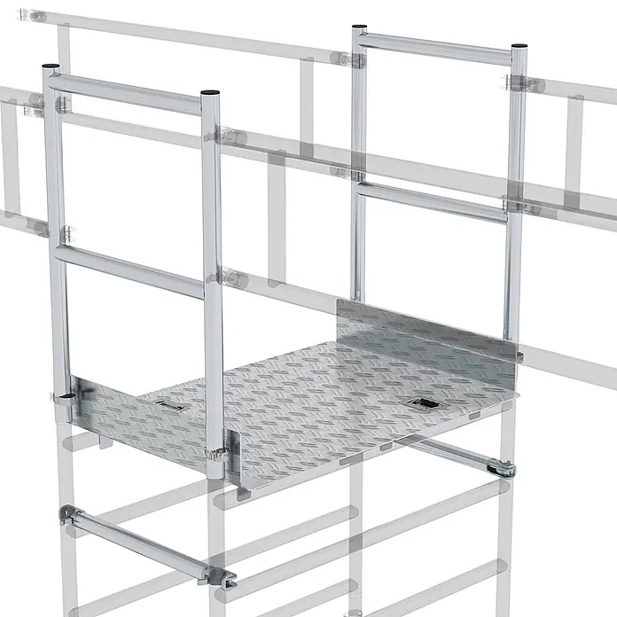 Munk Rollgerüst Gerüstverbindersatz für Gerüstbreite 1350mm -  - Silberne Aluminium-Gerüstplattform mit Riffelblechboden und Sicherheitsgeländern.