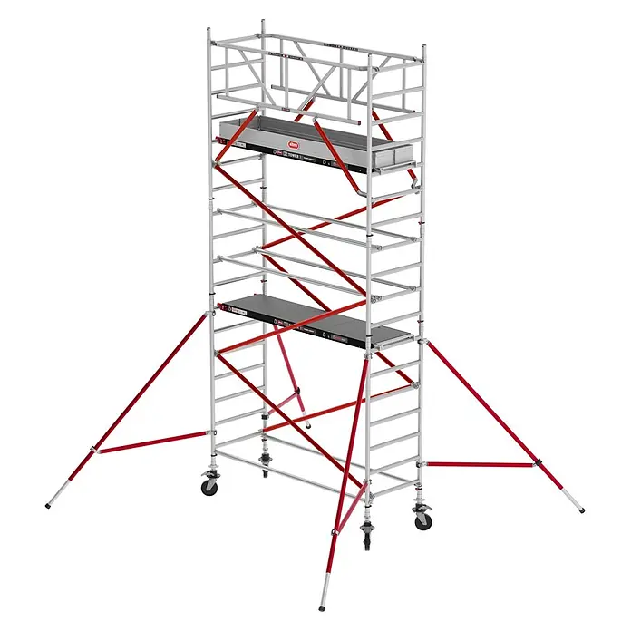 Altrex Rollgerüst Fahrgerüst RS Tower 51 Plus Aluminium 0,90m breiter Rahmen mit Fiber-Deck - Arbeitshöhe: 6.200 m - Mobiles Aluminium-Rollgerüst mit roten Diagonalstreben, zwei Arbeitsplattformen und Auslegern mit Rollen.