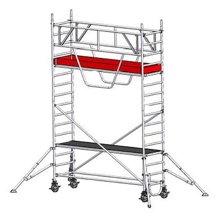 Euroline Rollgerüst Gerüst 9516 mit Sicherheitsaufbau und Auslegern 5,35m AH - Arbeitshöhe: 5.350 m - Mobiles Aluminium-Rollgerüst mit schwarzen und roten Arbeitsplattformen, auf Rädern.