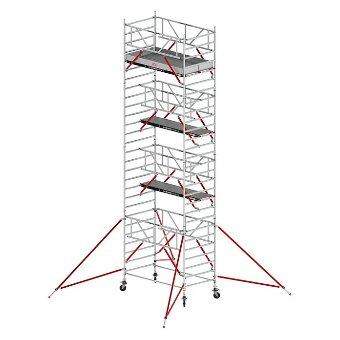 Altrex Rollgerüst Fahrgerüst RS Tower 52-S Aluminium mit Safe-Quick und Fiber-Deck Plattform - Arbeitshöhe: 9.200 m - Hohes, silberfarbenes Rollgerüst mit mehreren Arbeitsplattformen, roten Diagonalstreben und stabilisierenden Auslegern.