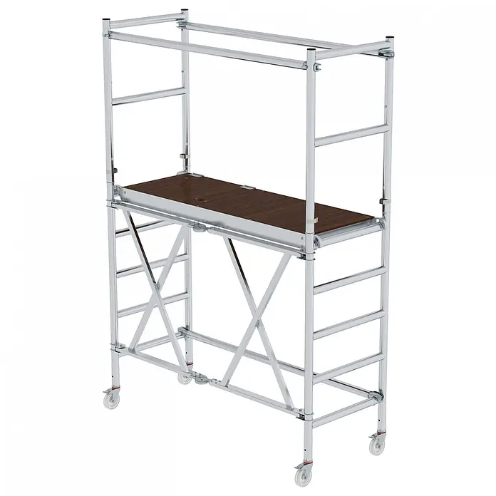 Munk Rollgerüst Klappgerüst mit Ausbaueinheit 75cm Breite 3,60m AH - Arbeitshöhe: 3.600 m - Mobiles Aluminium-Rollgerüst mit brauner Holzplattform und feststellbaren Lenkrollen.