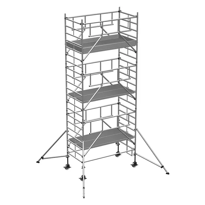 Zarges Rollgerüst Fahrgerüst MultiTower S-PLUS 2T mit Auslegern, doppelte Plattformbreite 2, - Arbeitshöhe: 7.300 m - Silberfarbener Gerüstturm aus Metall mit Plattformen, Rollen und Stabilisatoren.