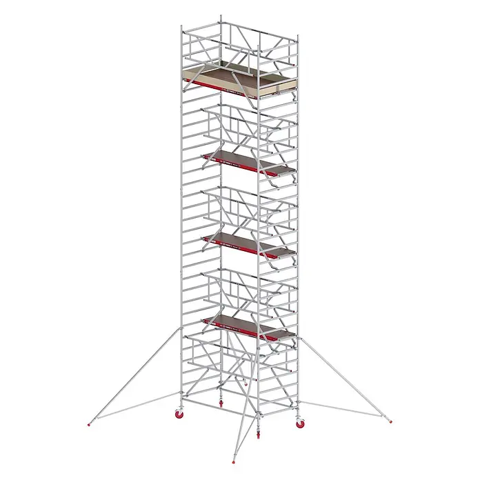 Altrex Rollgerüst Fahrgerüst RS Tower 42-S Aluminium Safe-Quick mit Holz-Plattform 10,20m AH - Arbeitshöhe: 10.200 m - Silbernes Aluminium-Rollgerüst mit mehreren Holzplattformen, roten Akzenten, Rädern und Auslegern.