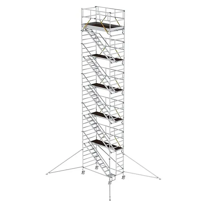 Munk Rollgerüst Rollgerüst SG mit Schrägaufstiegen 1,35x2,45m und Ausleger 12,35m AH - Arbeitshöhe: 12.350 m - Hohes, silbernes Fahrgerüst mit mehreren Plattformen, integrierten Treppen und Auslegern für Stabilität.