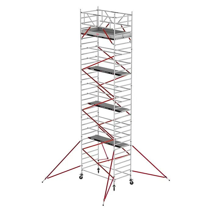 Altrex Rollgerüst Fahrgerüst RS Tower 52 Aluminium mit Fiber-Deck Plattform 10,20m AH 1,35x3 - Arbeitshöhe: 10.200 m - Hoher silberner Rollgerüstturm mit roten Diagonalstreben und schwarzen Plattformen auf Rollen.