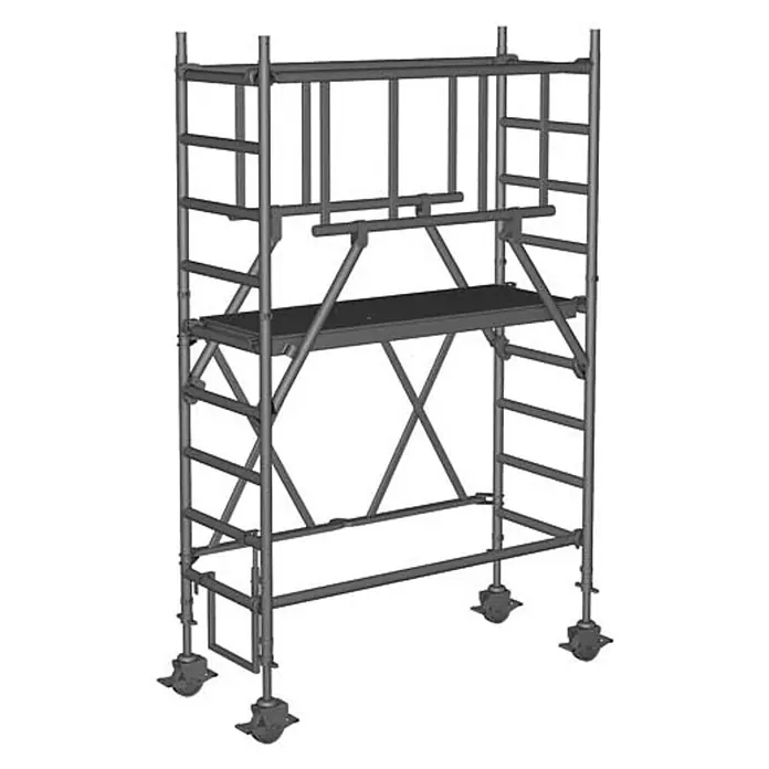 Zarges Rollgerüst Klappgerüst S-PLUS 2T doppelte Plattformbreite 3,75m AH - Arbeitshöhe: 3.750 m - Graues Aluminium-Rollgerüst mit Arbeitsplattform und Rädern.